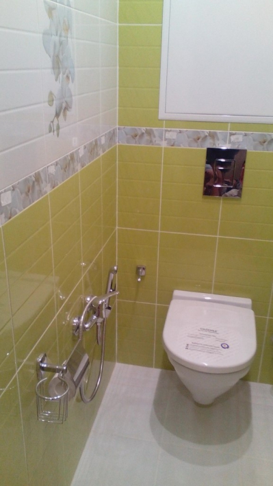 Зелено-белый туалет чуть меньше 1,5 кв.м. с подвесным унитазом и гигиеническим душем