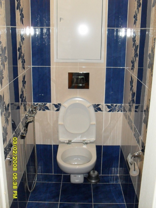 Туалет с сине-белой плиткой и гигиеническим душем возле унитаза