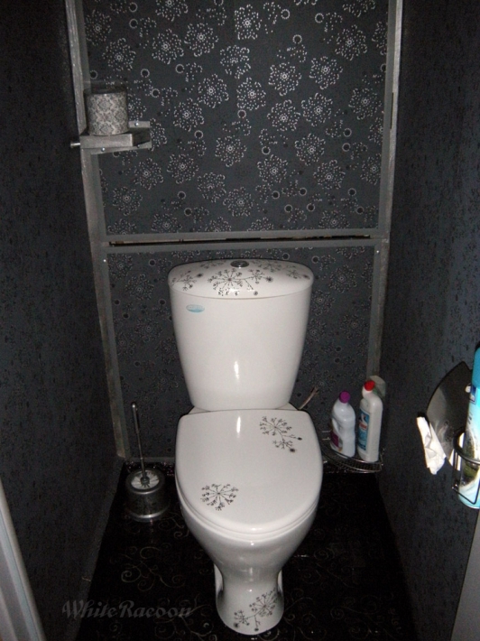 Черный туалет с серебристыми узорами площадью чуть меньше 1 кв.м.