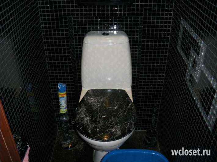 Туалет с черной плиткой под мозайку и унитазом с черной крышкой с узорами